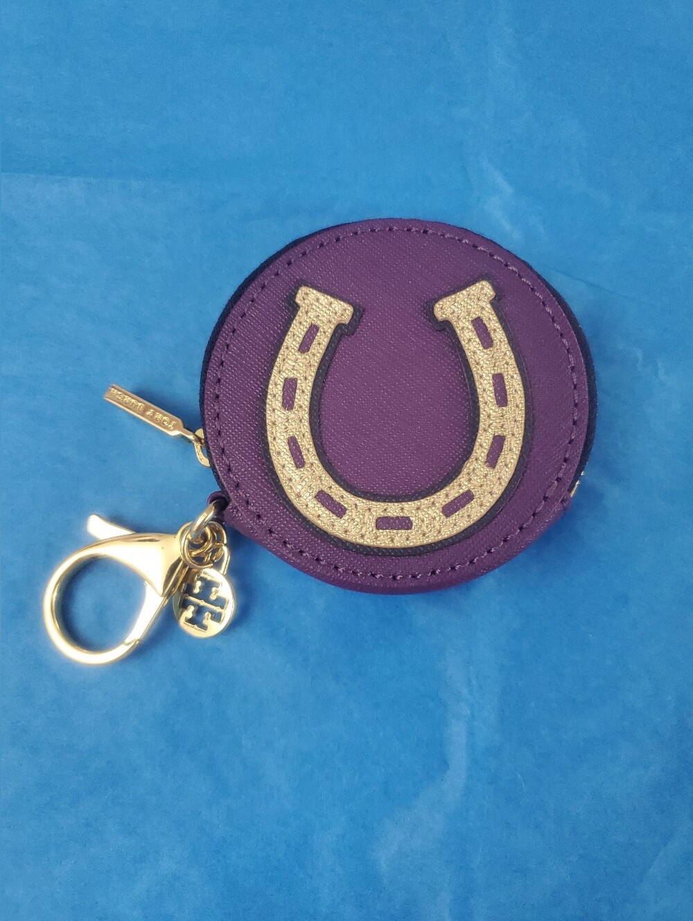 Tory Burch Purple Horseshoe Clover Key Coin Pouch with Keyring